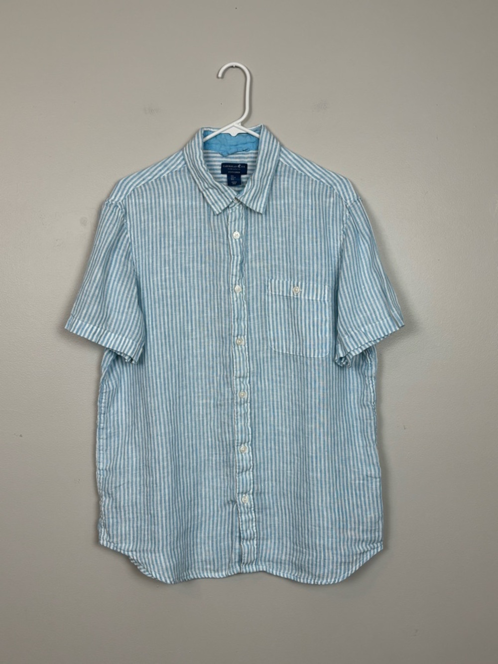 Caribbean‎ Joe Top Womens Lg Blue White Stripe 100% Linen Button Front Coastal
